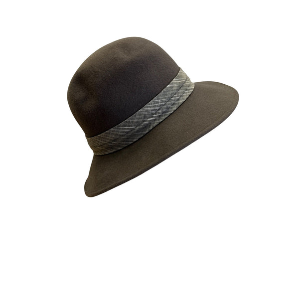 Makins New York Womens Brown Wool Hat With Plaid Band Detail Wide Brim Fedora Style
