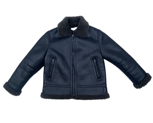 Zara Boys Black Shearling Collar Faux Leather Fleece Jacket With Zipper Sz 6