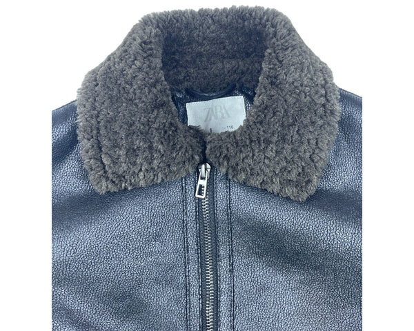 Zara Boys Black Shearling Collar Faux Leather Fleece Jacket With Zipper Sz 6