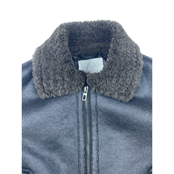 Zara Boys Black Shearling Collar Faux Leather Fleece Jacket With Zipper Sz 6