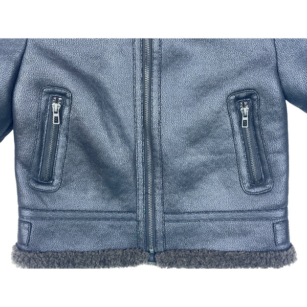 Zara Boys Black Shearling Collar Faux Leather Fleece Jacket With Zipper Sz 6