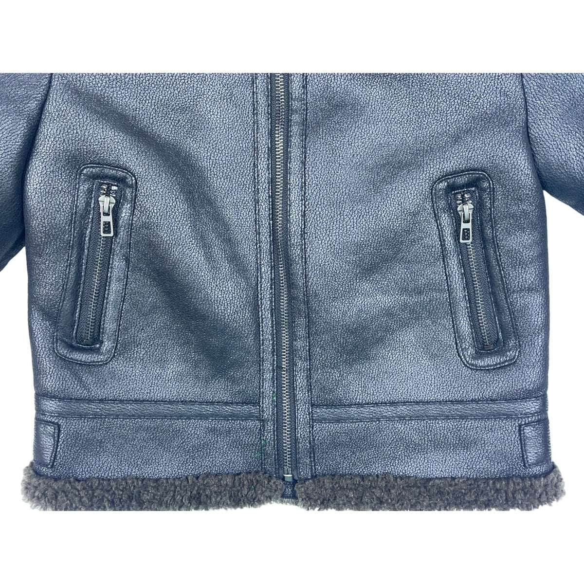 Zara Boys Black Shearling Collar Faux Leather Fleece Jacket With Zipper Sz 6