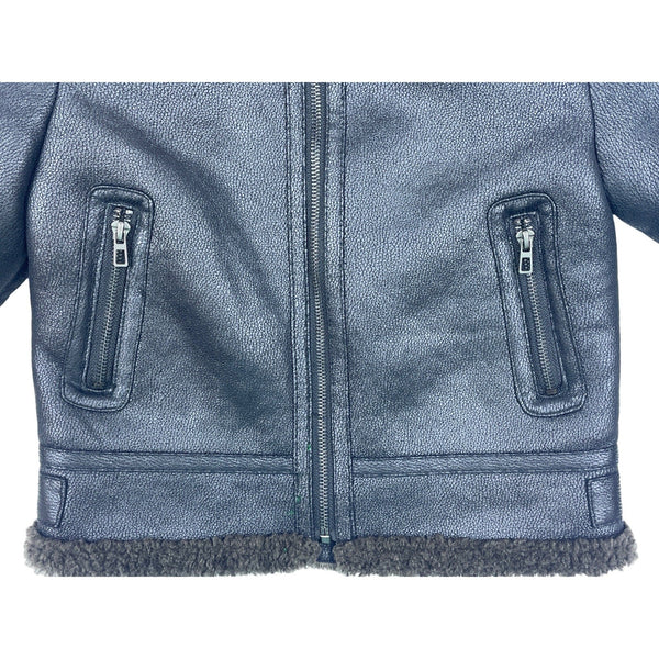 Zara Boys Black Shearling Collar Faux Leather Fleece Jacket With Zipper Sz 6
