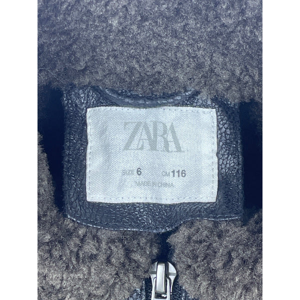 Zara Boys Black Shearling Collar Faux Leather Fleece Jacket With Zipper Sz 6