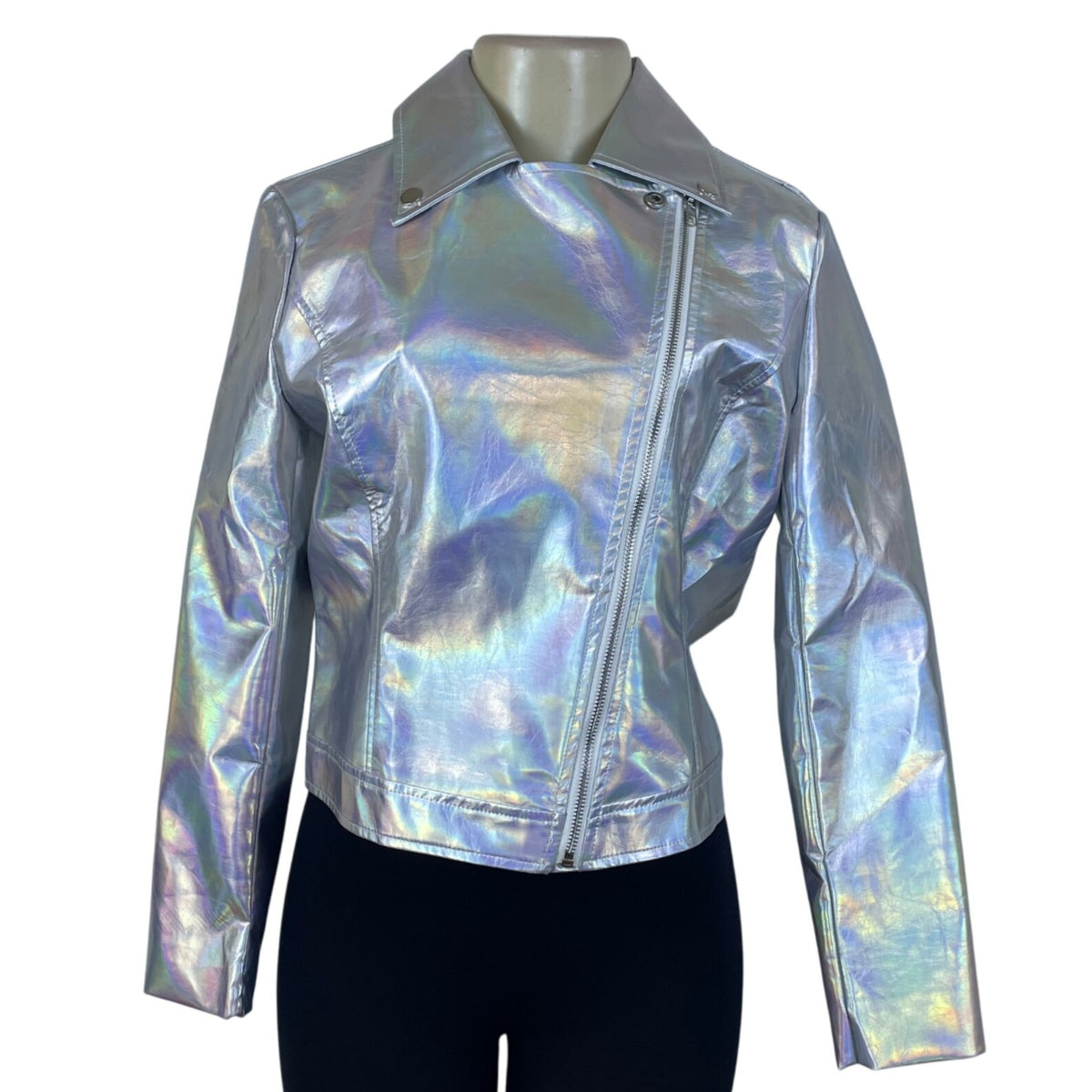 Allegra K Womens Silver Faux Leather Moto Jacket Holographic Design Size S
