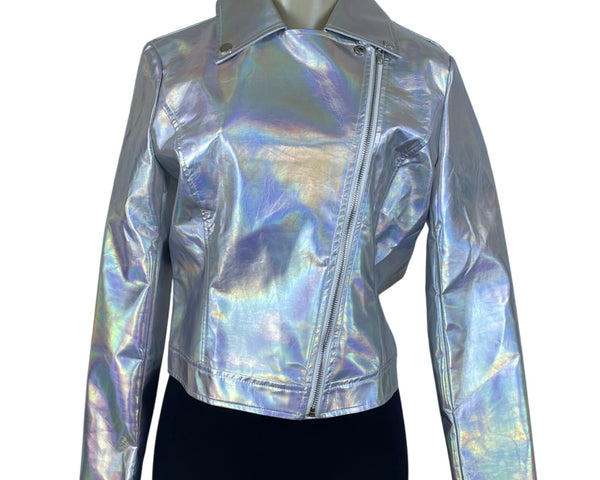 Allegra K Womens Silver Faux Leather Moto Jacket Holographic Design Size S