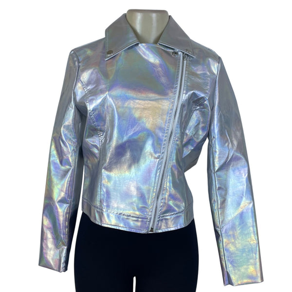 Allegra K Womens Silver Faux Leather Moto Jacket Holographic Design Size S