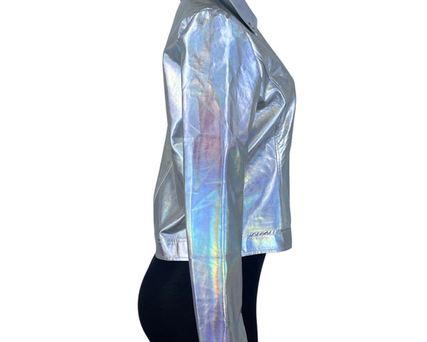 Allegra K Womens Silver Faux Leather Moto Jacket Holographic Design Size S