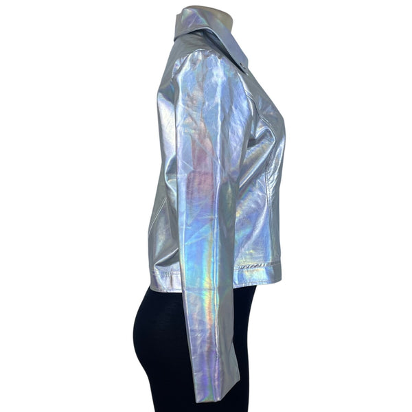 Allegra K Womens Silver Faux Leather Moto Jacket Holographic Design Size S
