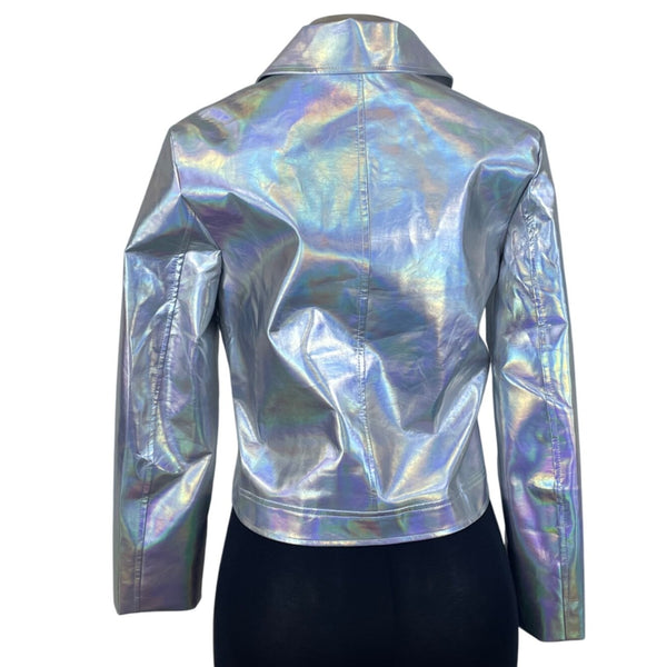 Allegra K Womens Silver Faux Leather Moto Jacket Holographic Design Size S