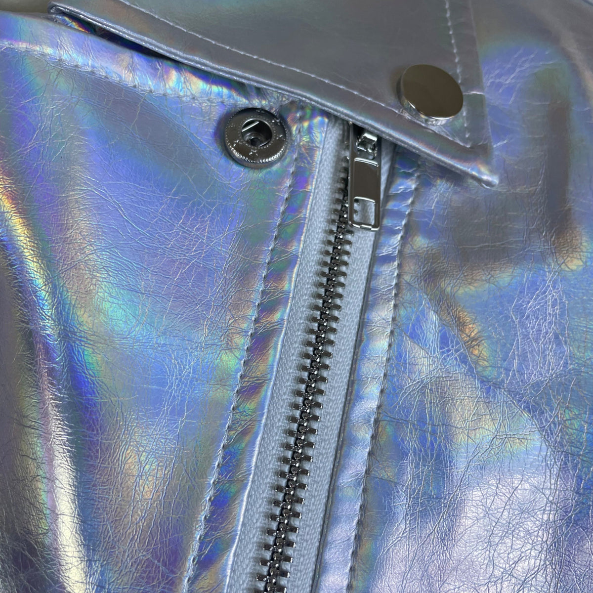 Allegra K Womens Silver Faux Leather Moto Jacket Holographic Design Size S