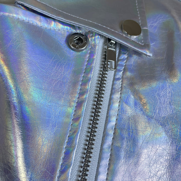 Allegra K Womens Silver Faux Leather Moto Jacket Holographic Design Size S