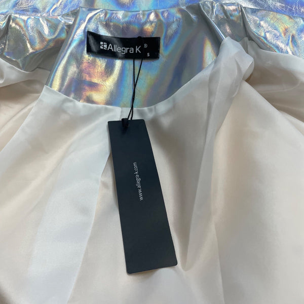 Allegra K Womens Silver Faux Leather Moto Jacket Holographic Design Size S