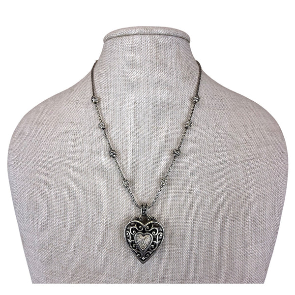 Elegant Silver Tone Heart Pendant Necklace With Decorative Beads Women