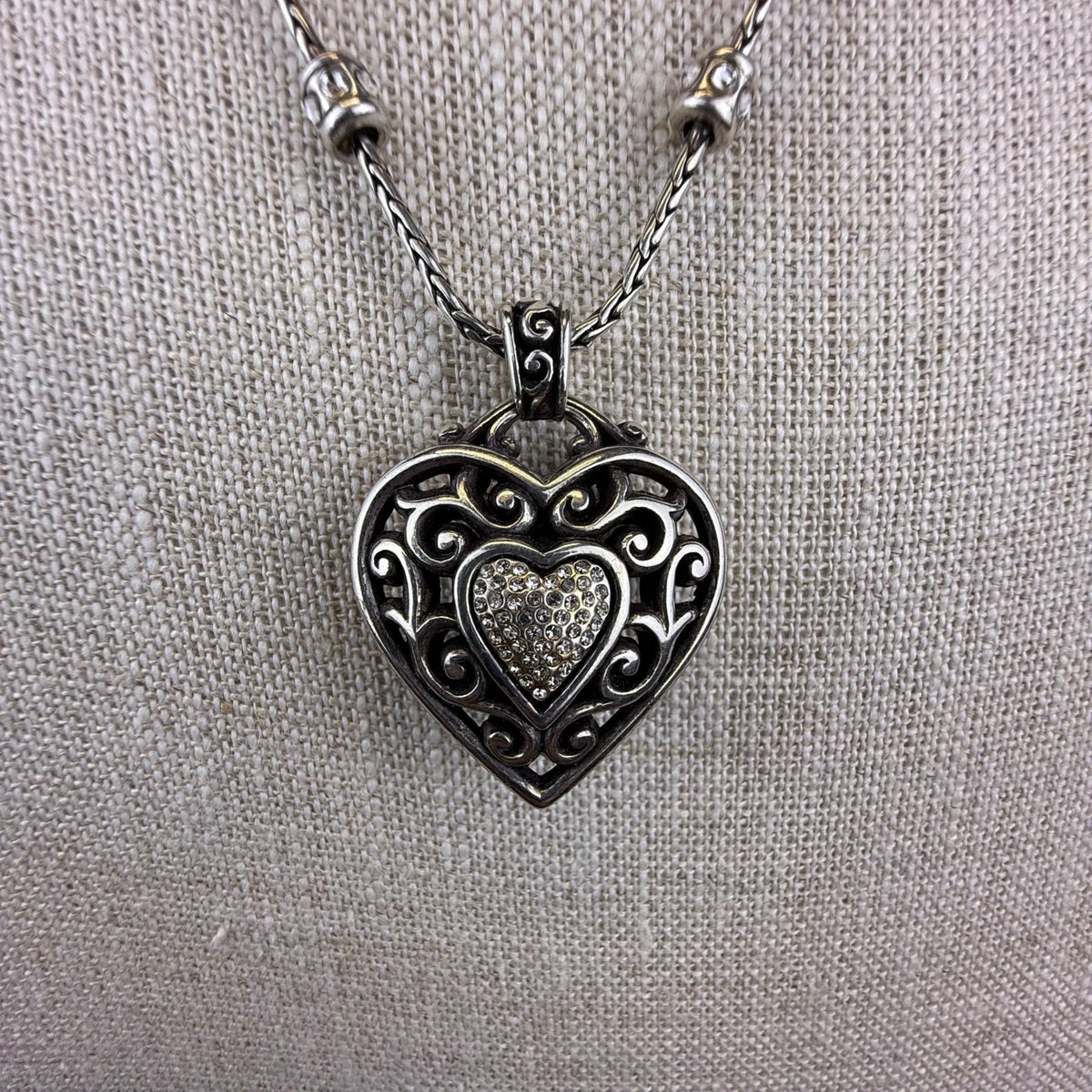 Elegant Silver Tone Heart Pendant Necklace With Decorative Beads Women