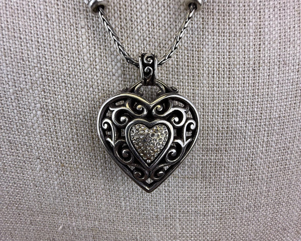 Elegant Silver Tone Heart Pendant Necklace With Decorative Beads Women