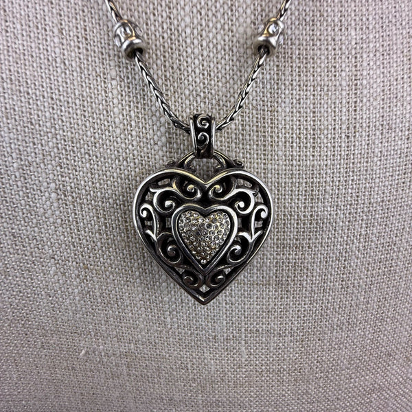 Elegant Silver Tone Heart Pendant Necklace With Decorative Beads Women