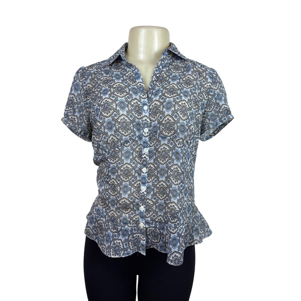 Ann Taylor Loft Womens Button-Down Short Sleeve Blue/Brown Blouse Size 2