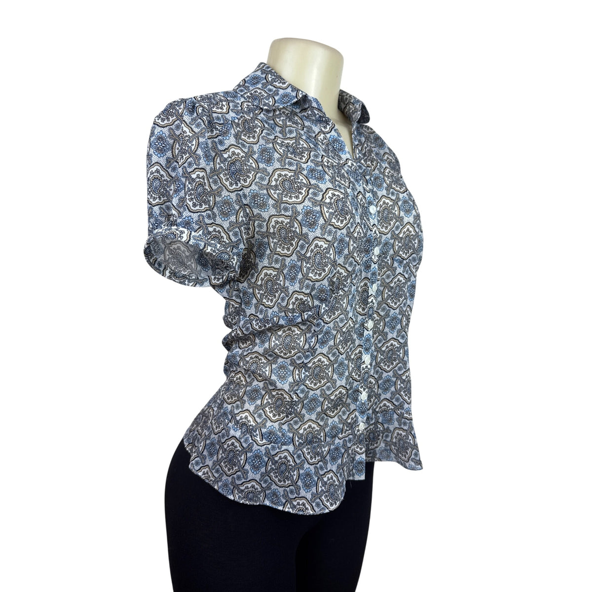 Ann Taylor Loft Womens Button-Down Short Sleeve Blue/Brown Blouse Size 2