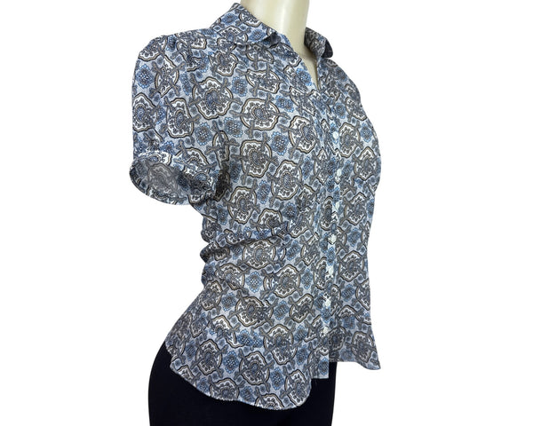 Ann Taylor Loft Womens Button-Down Short Sleeve Blue/Brown Blouse Size 2