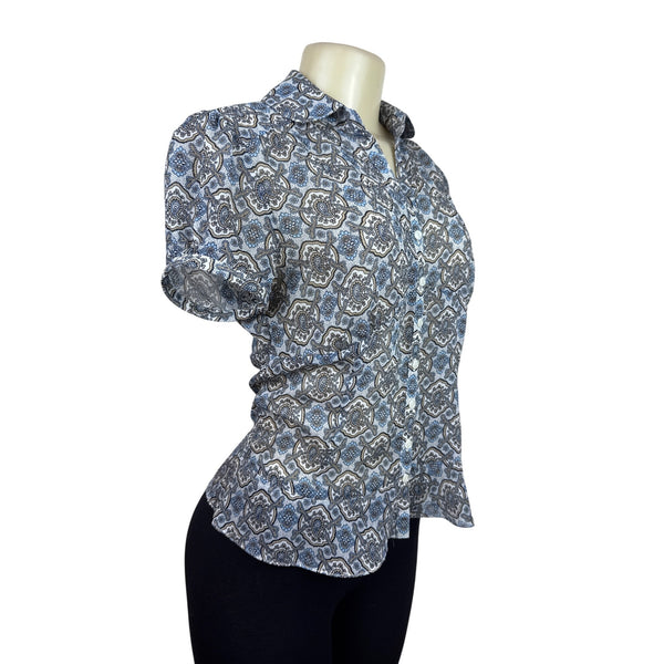 Ann Taylor Loft Womens Button-Down Short Sleeve Blue/Brown Blouse Size 2