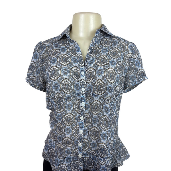Ann Taylor Loft Womens Button-Down Short Sleeve Blue/Brown Blouse Size 2