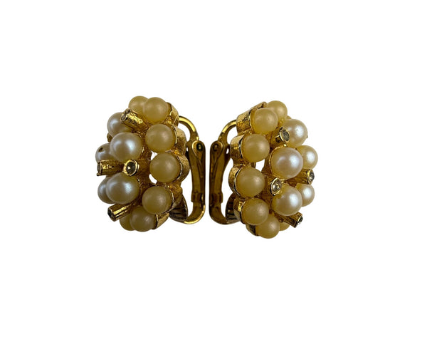 Gold Tone Clip-On Earrings With Faux Pearls & Rhinestones Cluster Design Vintage
