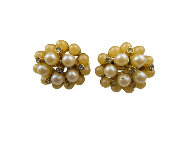 Gold Tone Clip-On Earrings With Faux Pearls & Rhinestones Cluster Design Vintage