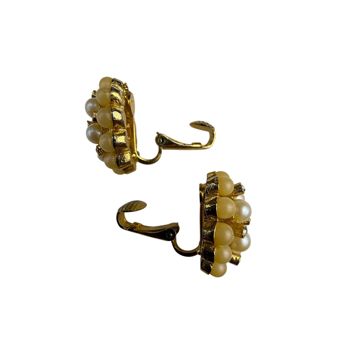 Gold Tone Clip-On Earrings With Faux Pearls & Rhinestones Cluster Design Vintage
