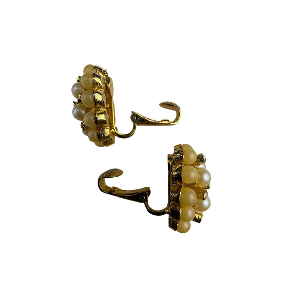 Gold Tone Clip-On Earrings With Faux Pearls & Rhinestones Cluster Design Vintage