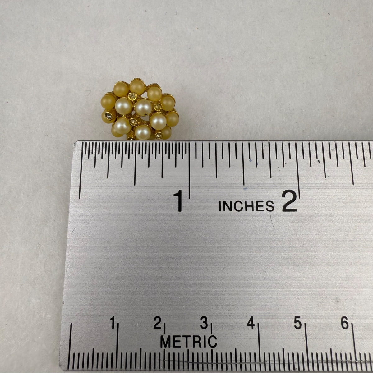 Gold Tone Clip-On Earrings With Faux Pearls & Rhinestones Cluster Design Vintage