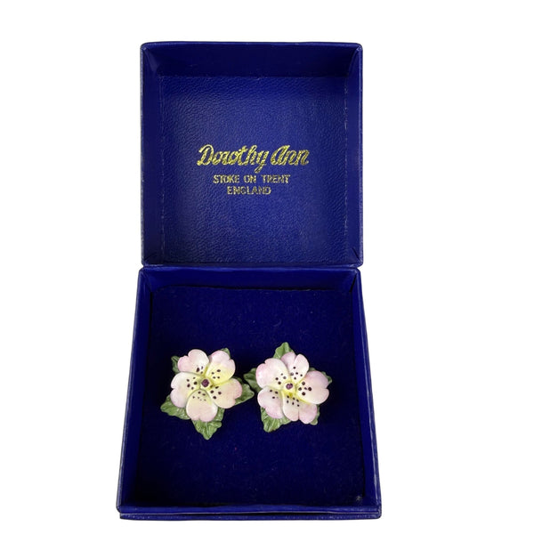 Dorothy Ann Staffordshire Hand Painted Bone China Earrings Flower Embellished Studs Set