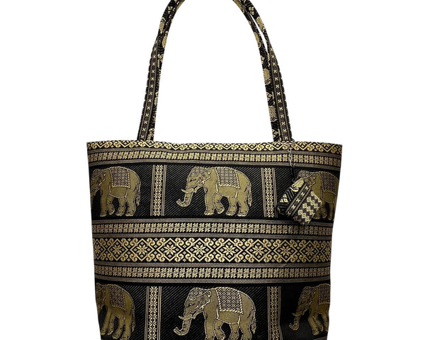 Handmade Women’s Black & Gold Elephant Pattern Tote Bag With Small Purse