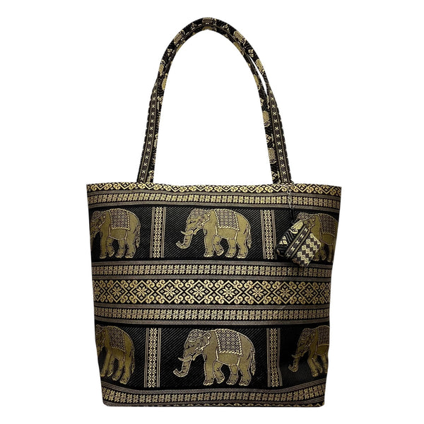 Handmade Women’s Black & Gold Elephant Pattern Tote Bag With Small Purse