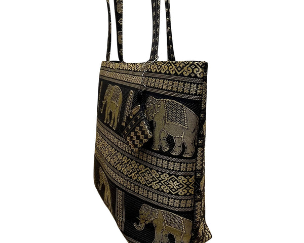 Handmade Women’s Black & Gold Elephant Pattern Tote Bag With Small Purse