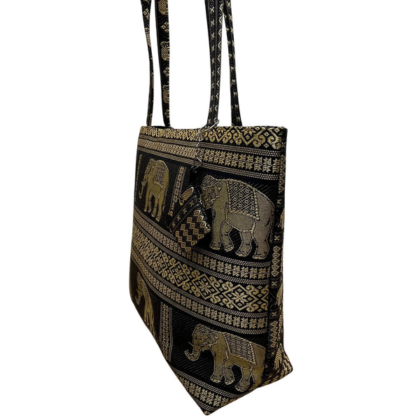 Handmade Women’s Black & Gold Elephant Pattern Tote Bag With Small Purse