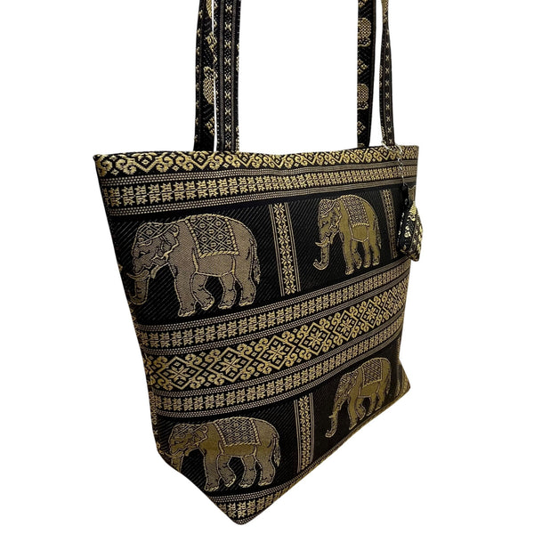 Handmade Women’s Black & Gold Elephant Pattern Tote Bag With Small Purse