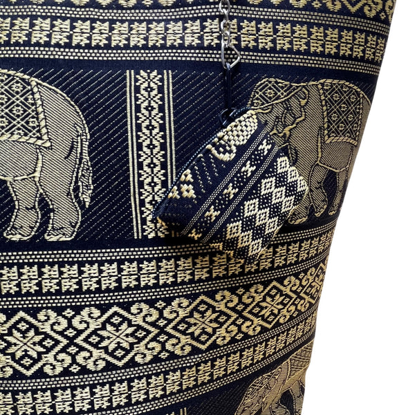 Handmade Women’s Black & Gold Elephant Pattern Tote Bag With Small Purse