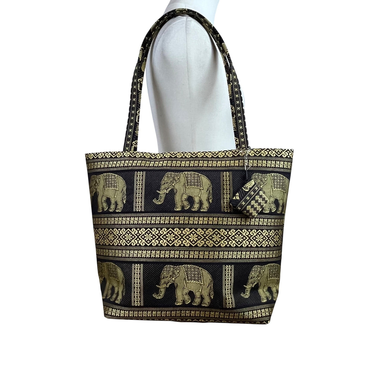 Handmade Women’s Black & Gold Elephant Pattern Tote Bag With Small Purse