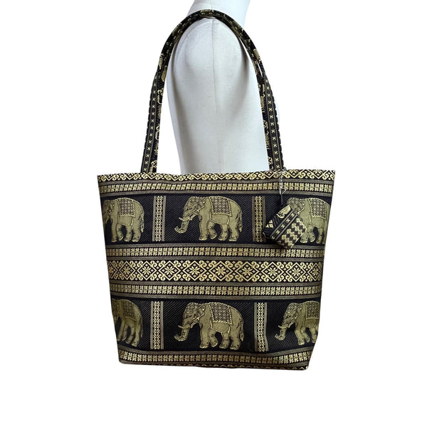 Handmade Women’s Black & Gold Elephant Pattern Tote Bag With Small Purse