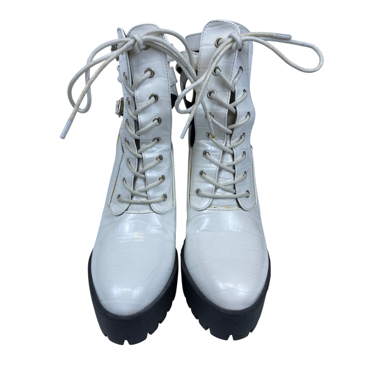 Fashion Women White Faux Leather Lace-Up Platform Heel Boots Size 7 Textured Design