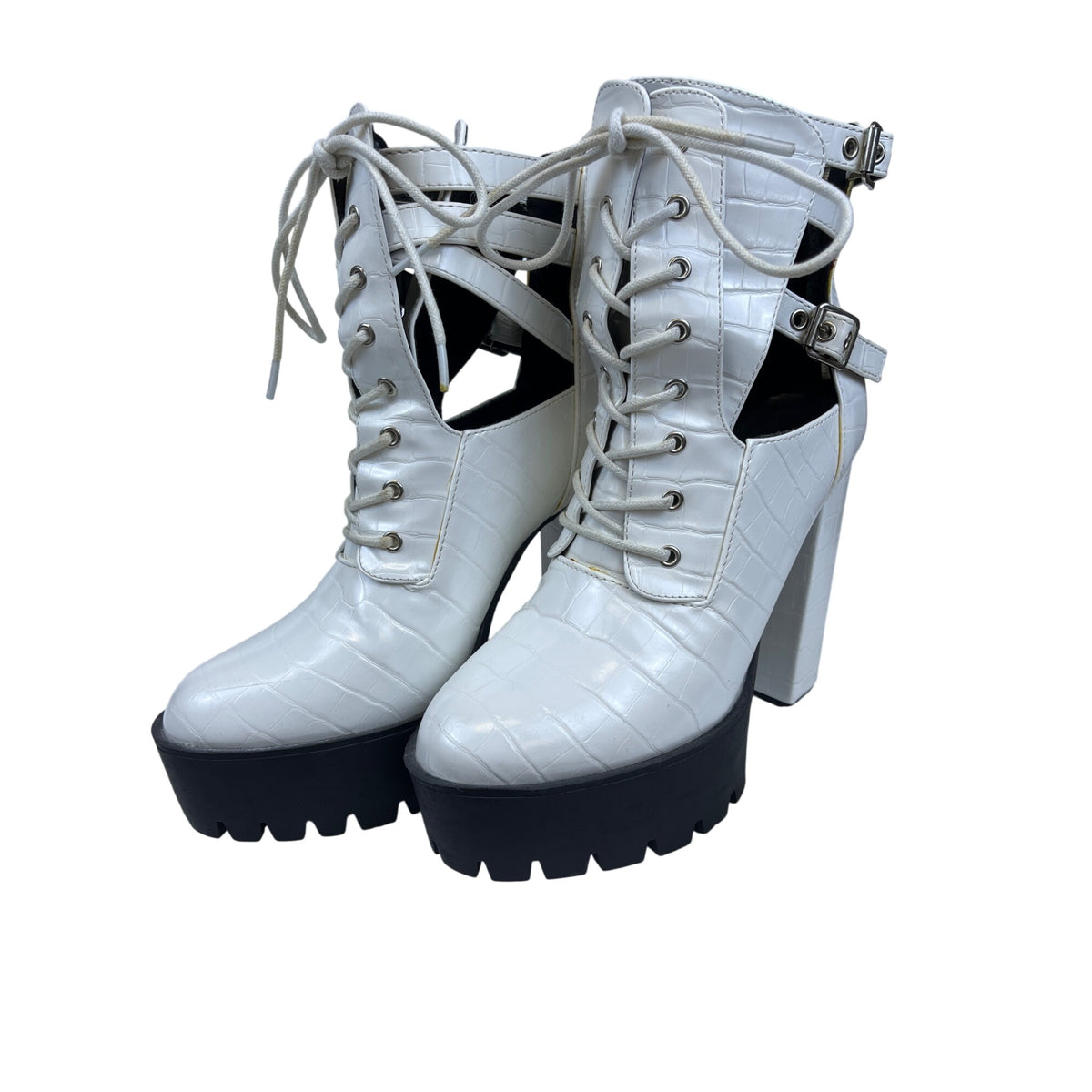 Fashion Women White Faux Leather Lace-Up Platform Heel Boots Size 7 Textured Design