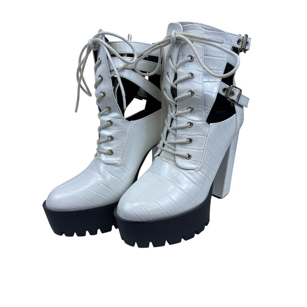Fashion Women White Faux Leather Lace-Up Platform Heel Boots Size 7 Textured Design