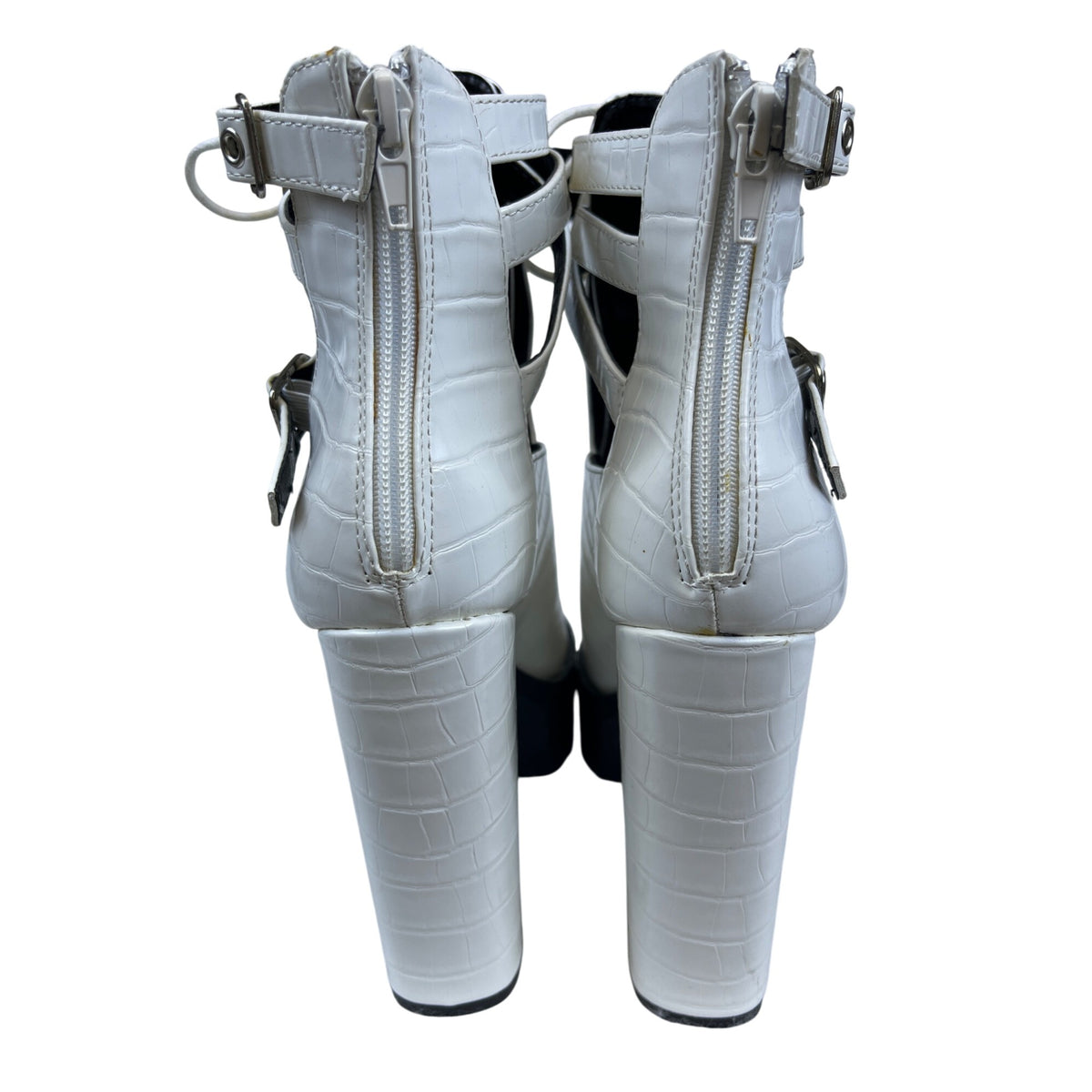 Fashion Women White Faux Leather Lace-Up Platform Heel Boots Size 7 Textured Design