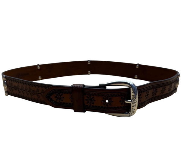 Brighton XL Brown Leather Floral Tooled Western Belt Engraved Silver Buckle