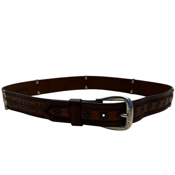 Brighton XL Brown Leather Floral Tooled Western Belt Engraved Silver Buckle