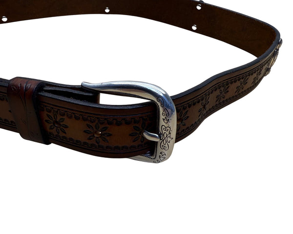 Brighton XL Brown Leather Floral Tooled Western Belt Engraved Silver Buckle