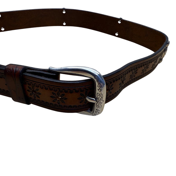 Brighton XL Brown Leather Floral Tooled Western Belt Engraved Silver Buckle