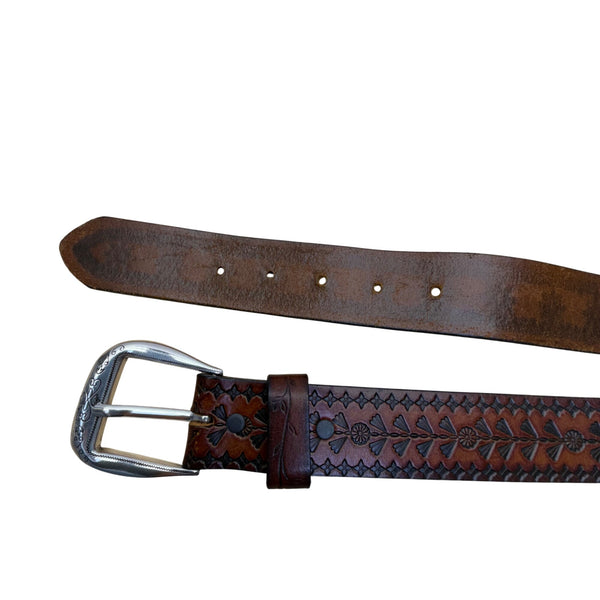 Brighton XL Brown Leather Floral Tooled Western Belt Engraved Silver Buckle