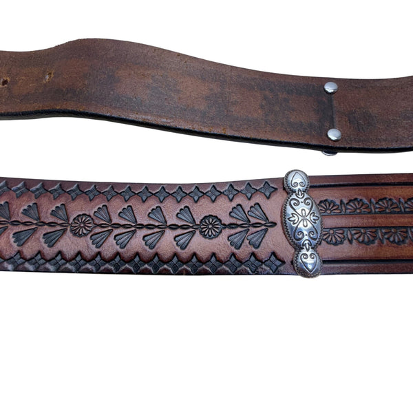 Brighton XL Brown Leather Floral Tooled Western Belt Engraved Silver Buckle